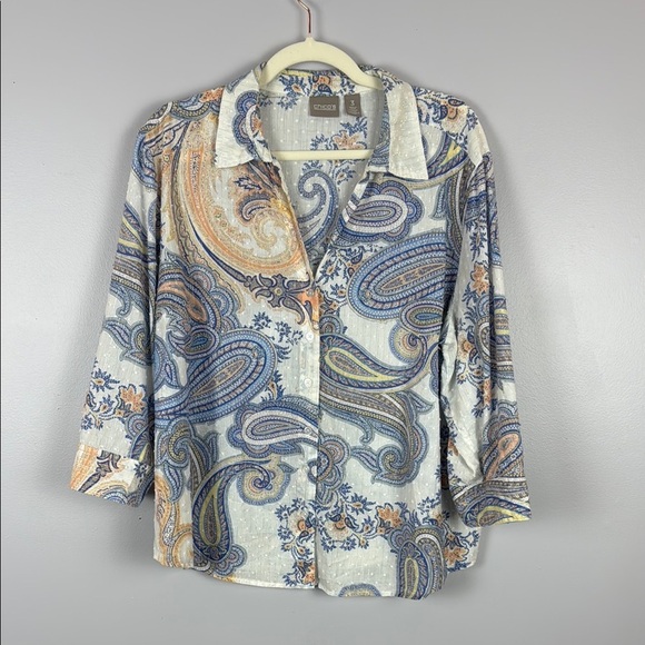 Chico's Dotted Swiss Semi-Sheer Blue, Coral & White Paisley 3/4 Sleeve Blouse 3 - Picture 2 of 12